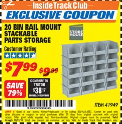 Harbor Freight ITC Coupon 20 BIN RAIL MOUNT STACKABLE PARTS STORAGE Lot No. 41949 Expired: 10/31/18 - $7.99