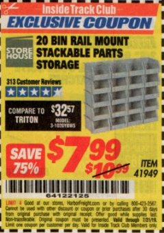 Harbor Freight ITC Coupon 20 BIN RAIL MOUNT STACKABLE PARTS STORAGE Lot No. 41949 Expired: 7/31/19 - $7.99