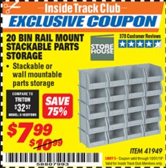 Harbor Freight ITC Coupon 20 BIN RAIL MOUNT STACKABLE PARTS STORAGE Lot No. 41949 Expired: 10/31/19 - $7.99