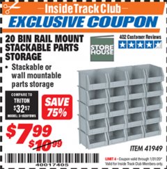 Harbor Freight ITC Coupon 20 BIN RAIL MOUNT STACKABLE PARTS STORAGE Lot No. 41949 Expired: 1/31/20 - $7.99