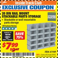 Harbor Freight ITC Coupon 20 BIN RAIL MOUNT STACKABLE PARTS STORAGE Lot No. 41949 Expired: 4/30/20 - $7.99