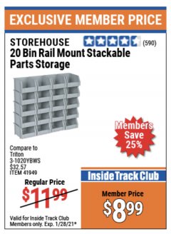 Harbor Freight ITC Coupon 20 BIN RAIL MOUNT STACKABLE PARTS STORAGE Lot No. 41949 Expired: 1/28/21 - $8.99