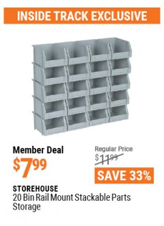 Harbor Freight ITC Coupon 20 BIN RAIL MOUNT STACKABLE PARTS STORAGE Lot No. 41949 Expired: 4/29/21 - $7.99