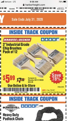 Harbor Freight ITC Coupon 3" INDUSTRIAL GRADE CHIP BRUSHES PACK OF 12 Lot No. 4183/61492 Expired: 7/31/20 - $5.99