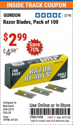 Harbor Freight ITC Coupon INDUSTRIAL QUALITY SINGLE EDGE UTILITY BLADES PACK OF 100 Lot No. 39748/67123 Expired: 8/31/20 - $2.99