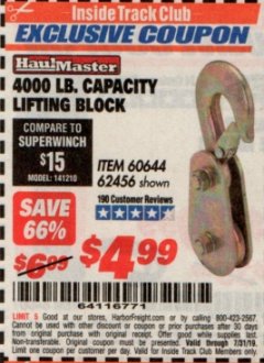 Harbor Freight ITC Coupon LIFTING BLOCK Lot No. 62456/60644 Expired: 7/31/19 - $4.99