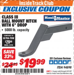 Harbor Freight ITC Coupon CLASS III BALL MOUNT HITCH WITH 6" DROP Lot No. 94898 Expired: 3/31/20 - $19.99