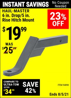 Harbor Freight Coupon CLASS III BALL MOUNT HITCH WITH 6" DROP Lot No. 94898 Expired: 8/5/21 - $19.99