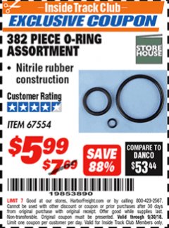 Harbor Freight ITC Coupon 382 PIECE O-RING ASSORTMENT Lot No. 67554 Expired: 9/8/18 - $5.99