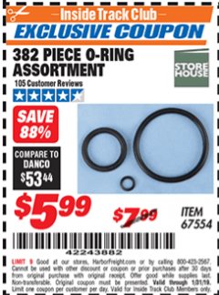 Harbor Freight ITC Coupon 382 PIECE O-RING ASSORTMENT Lot No. 67554 Expired: 1/31/19 - $5.99