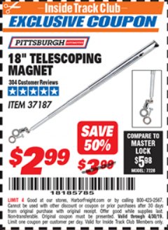Harbor Freight ITC Coupon PITTSBURGH 18 IN. TELESCOPING MAGNET Lot No. 37187 Expired: 4/30/19 - $2.99