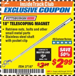 Harbor Freight ITC Coupon 18" TELESCOPING MAGNET Lot No. 37187 Expired: 12/31/19 - $2.99