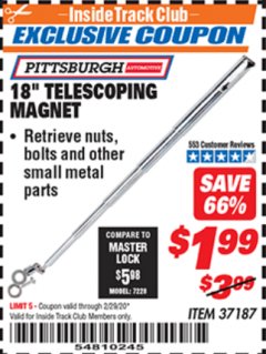 Harbor Freight ITC Coupon 18" TELESCOPING MAGNET Lot No. 37187 Expired: 2/29/20 - $1.99