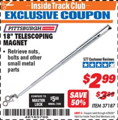 Harbor Freight ITC Coupon 18" TELESCOPING MAGNET Lot No. 37187 Expired: 4/30/20 - $2.99