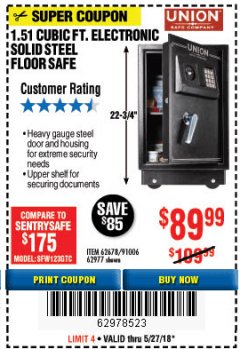 Harbor Freight Coupon 1.51 CUBIC FT. SOLID STEEL DIGITAL FLOOR SAFE Lot No. 61565/62678/91006 Expired: 5/27/18 - $89.99