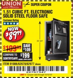 Harbor Freight Coupon 1.51 CUBIC FT. SOLID STEEL DIGITAL FLOOR SAFE Lot No. 61565/62678/91006 Expired: 10/15/18 - $89.99