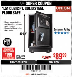 Harbor Freight Coupon 1.51 CUBIC FT. SOLID STEEL DIGITAL FLOOR SAFE Lot No. 61565/62678/91006 Expired: 10/28/18 - $89.99