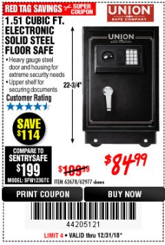 Harbor Freight Coupon 1.51 CUBIC FT. SOLID STEEL DIGITAL FLOOR SAFE Lot No. 61565/62678/91006 Expired: 12/31/18 - $84.99