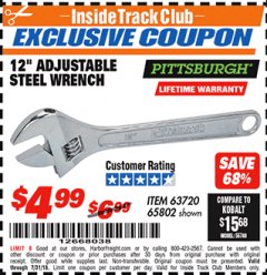 Harbor Freight ITC Coupon 12" ADJUSTABLE STEEL WRENCH Lot No. 60717/65802 Expired: 7/31/18 - $4.99
