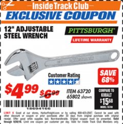 Harbor Freight ITC Coupon 12" ADJUSTABLE STEEL WRENCH Lot No. 60717/65802 Expired: 9/30/18 - $4.99