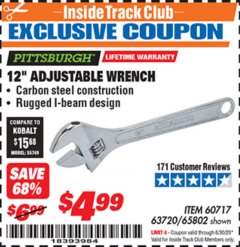 Harbor Freight ITC Coupon 12" ADJUSTABLE STEEL WRENCH Lot No. 60717/65802 Expired: 6/30/20 - $4.99
