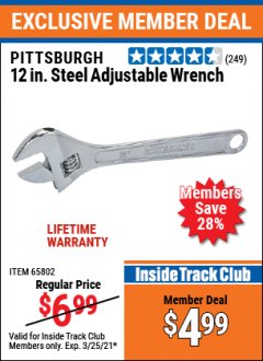 Harbor Freight ITC Coupon 12" ADJUSTABLE STEEL WRENCH Lot No. 60717/65802 Expired: 3/25/21 - $4.99