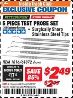 Harbor Freight ITC Coupon PITTSBURGH TEST PROBE SET, 5-PIECE Lot No. 61872/1816 Expired: 6/30/20 - $2.49