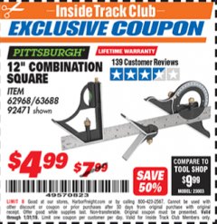 Harbor Freight ITC Coupon 12" COMBINATION SQUARE Lot No. 62968/92471 Expired: 1/31/19 - $4.99