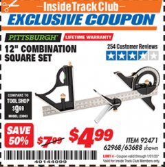 Harbor Freight ITC Coupon 12" COMBINATION SQUARE Lot No. 62968/92471 Expired: 1/31/20 - $4.99