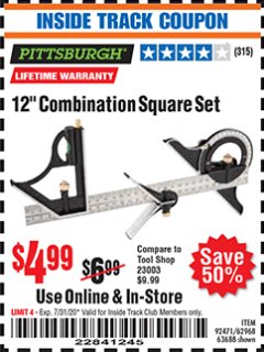 Harbor Freight ITC Coupon 12" COMBINATION SQUARE Lot No. 62968/92471 Expired: 7/31/20 - $4.99