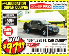 Harbor Freight Coupon 10  FT X 20 FT CAR CANOPY Lot No. 60728/69034/63054/62858/62857 Expired: 6/30/18 - $97.99
