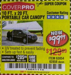 Harbor Freight Coupon 10  FT X 20 FT CAR CANOPY Lot No. 60728/69034/63054/62858/62857 Expired: 9/18/18 - $99.99