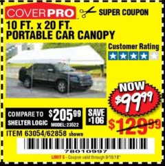 Harbor Freight Coupon 10  FT X 20 FT CAR CANOPY Lot No. 60728/69034/63054/62858/62857 Expired: 9/18/18 - $99.99