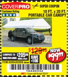 Harbor Freight Coupon 10  FT X 20 FT CAR CANOPY Lot No. 60728/69034/63054/62858/62857 Expired: 9/30/18 - $99.99