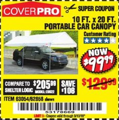 Harbor Freight Coupon 10  FT X 20 FT CAR CANOPY Lot No. 60728/69034/63054/62858/62857 Expired: 9/10/18 - $99.99