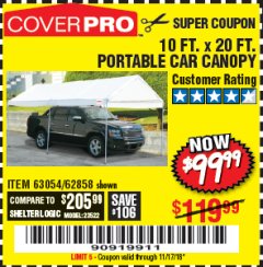 Harbor Freight Coupon 10  FT X 20 FT CAR CANOPY Lot No. 60728/69034/63054/62858/62857 Expired: 11/17/18 - $99.99