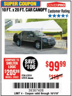 Harbor Freight Coupon 10  FT X 20 FT CAR CANOPY Lot No. 60728/69034/63054/62858/62857 Expired: 10/1/18 - $99.99
