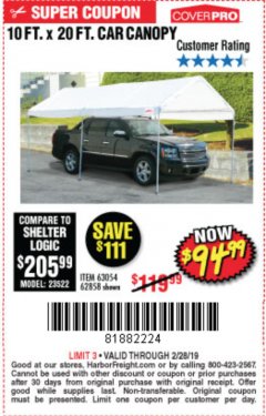 Harbor Freight Coupon 10  FT X 20 FT CAR CANOPY Lot No. 60728/69034/63054/62858/62857 Expired: 2/28/19 - $94.99
