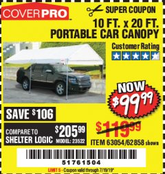 Harbor Freight Coupon 10  FT X 20 FT CAR CANOPY Lot No. 60728/69034/63054/62858/62857 Expired: 7/19/19 - $99.99