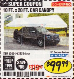 Harbor Freight Coupon 10  FT X 20 FT CAR CANOPY Lot No. 60728/69034/63054/62858/62857 Expired: 6/30/19 - $99.99