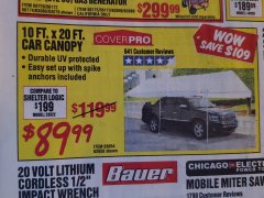 Harbor Freight Coupon 10  FT X 20 FT CAR CANOPY Lot No. 60728/69034/63054/62858/62857 Expired: 8/18/19 - $89.99