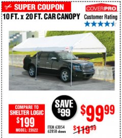 Harbor Freight Coupon 10  FT X 20 FT CAR CANOPY Lot No. 60728/69034/63054/62858/62857 Expired: 10/4/19 - $99.99