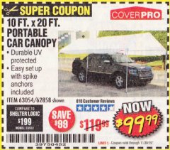 Harbor Freight Coupon 10  FT X 20 FT CAR CANOPY Lot No. 60728/69034/63054/62858/62857 Expired: 11/30/19 - $99.99