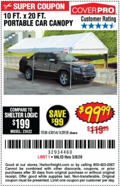 Harbor Freight Coupon 10  FT X 20 FT CAR CANOPY Lot No. 60728/69034/63054/62858/62857 Expired: 2/8/20 - $99.99