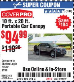 Harbor Freight Coupon 10  FT X 20 FT CAR CANOPY Lot No. 60728/69034/63054/62858/62857 Expired: 8/30/20 - $94.99