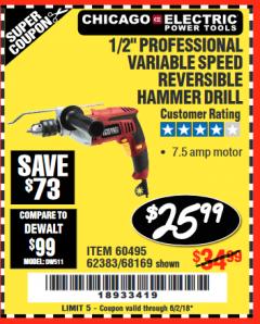 Harbor Freight Coupon 1/2" PROFESSIONAL VARIABLE SPEED REVERSIBLE HAMMER DRILL Lot No. 68169/67616/60495/62383 Expired: 6/2/18 - $25.99