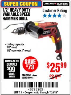 Harbor Freight Coupon 1/2" PROFESSIONAL VARIABLE SPEED REVERSIBLE HAMMER DRILL Lot No. 68169/67616/60495/62383 Expired: 7/23/18 - $25.99