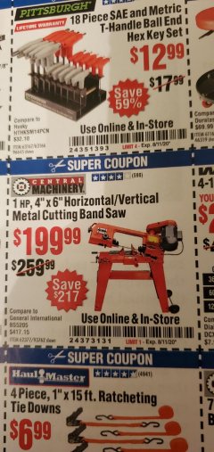 Harbor Freight Coupon 4" X 6" HORIZONTAL/VERTICAL METAL CUTTING BAND SAW Lot No. 62377/93762 Expired: 8/11/20 - $199.99