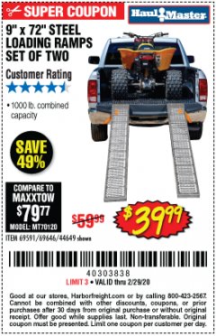 Harbor Freight Coupon 1000 LB. STEEL LOADING RAMPS, SET OF TWO Lot No. 44649 Expired: 2/29/20 - $39.99