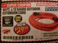 Harbor Freight Coupon 12 GAUGE X 50 FT. OUTDOOR EXTENSION CORD Lot No. 60273/61866/62942/62943/62944/41444 Expired: 3/31/19 - $29.99